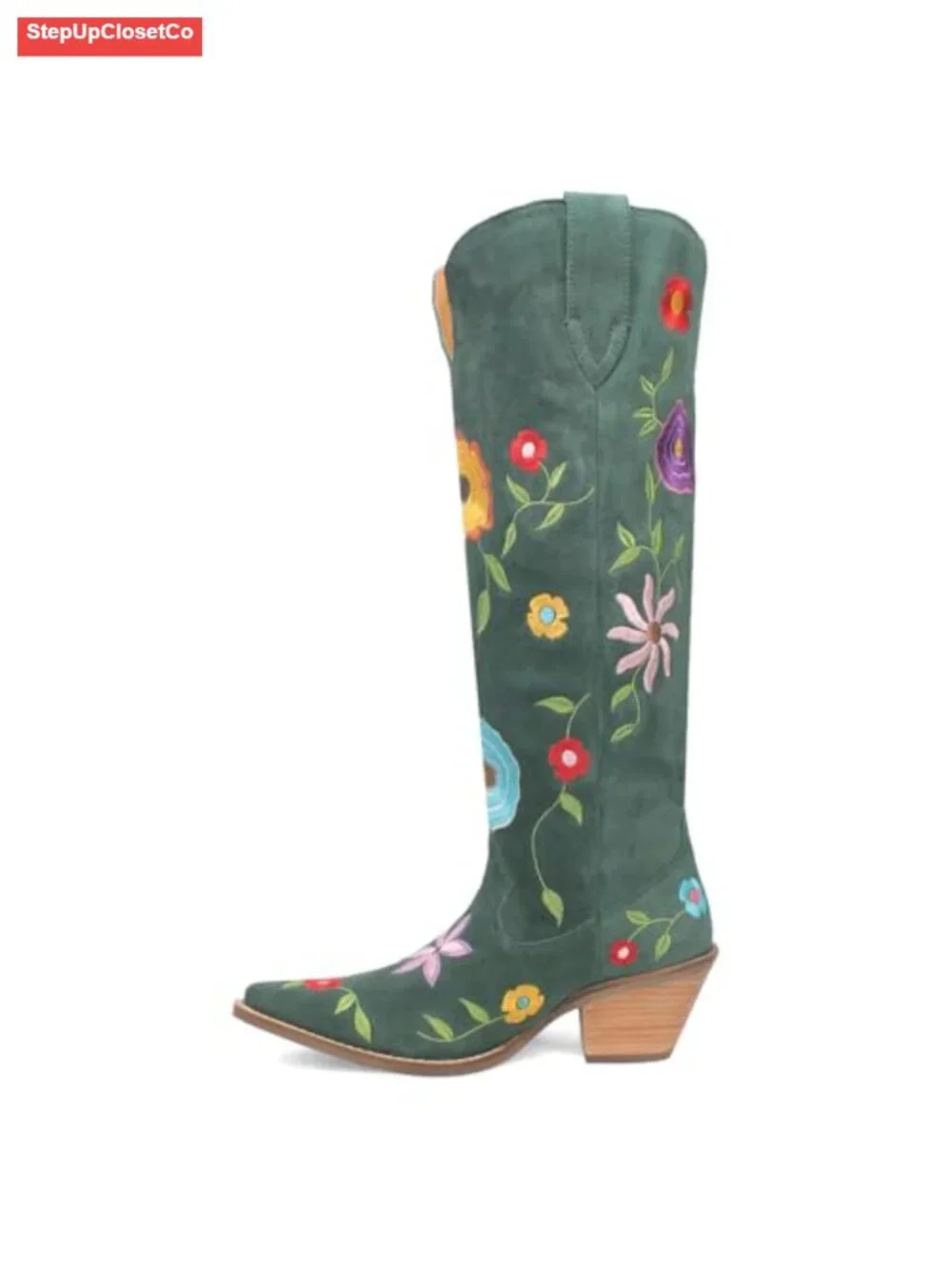 Embroidered Floral Snip Toe Pull On Casual Over the Knee Mid Heel Boots